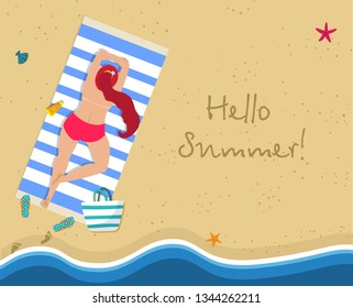 Hello Summer Square Banner. Top View of Young Sunburnt Woman with Long Ginger Hair Lying Topless on Blue and White Striped Mat at Exotic Tropical Beach with Gold Sand. Cartoon Flat Vector Illustration