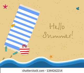 Hello Summer Square Banner. Top View of Exotic Empty Beach with Striped Blue Towel, Bag, Sun Cream, Slippers and Foot Prints on Sand. Sea Stars, Seashells. Foamy Waves Cartoon Flat Vector Illustration