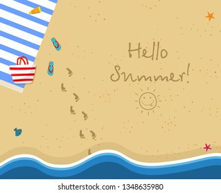 Hello Summer Square Banner. Top View of Sunny Beach. Summertime Vacation Background. Towel, Bag, Slippers. Footprints and Hand Drawn Sun on Gold Sand. Cartoon Flat Vector Illustration, Greeting Card.