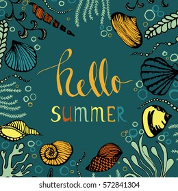 Hello summer. Square frame from hand drawn sea shells and seaweed. 