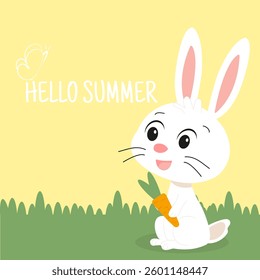 Hello Summer. Square postcard or banner with cartoon bunny, hare, rabbit, butterfly. Lettering, Vector illustration