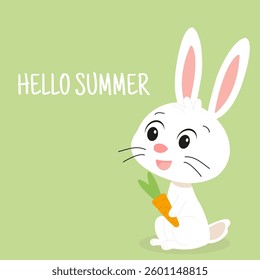 Hello Summer. Square postcard or banner with cartoon bunny, hare, rabbit, carrot. Lettering, Vector illustration