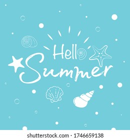 Hello Summer. Starfish and sea shells on blue background.