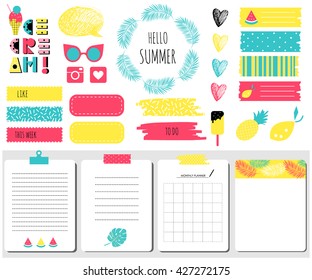 Hello summer Sticker, icons, signs for organized your organizer. Monthly Planner set. Template for notebooks, scrapbooking, wrapping, invitation, cards, poetry notes, diary. Fruits, palm, sunglasses