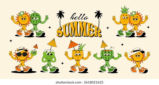 Hello summer sticker set. Retro groovy characters sun, fruits and cocktails isolated on background. Vector illustration