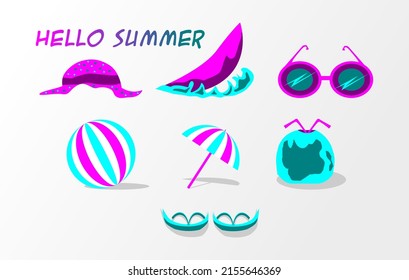 Hello summer stickers with bright colors. Pictures of balls, umbrellas, flip flops, surfing and young coconut ice. bundle vector