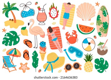 Hola, pegatinas de verano. Iconos de dibujos animados para las vacaciones de verano, vacaciones en un resort tropical y relajarse en el concepto de playa con palmeras, sandías y cosas de playa. Ilustración del vector