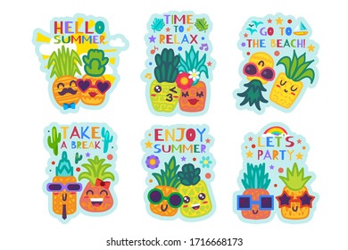 Hello Summer Stickers Set. Cute Cards Collection with Tropical Holiday Elements. Colorful Patches with Funny Cartoon Pineapples. Summer Vacation, Travel, Party and Recreation Concept