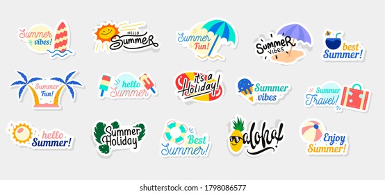Hello Summer Stickers Set. Cute Cards Collection with Tropical Holiday Elements. Colorful Patches with Funny Cartoon. big set of Vector illustration.