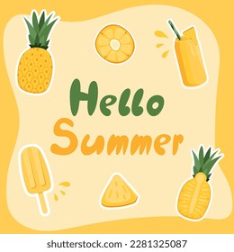 Hello summer stickers with tropical pineapple