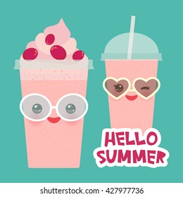 Hello Summer Strawberry cranberry Take-out smoothie transparent plastic cup with straw and whipped cream. Kawaii cute face with sunglasses, eyes and smile on blue background. Vector