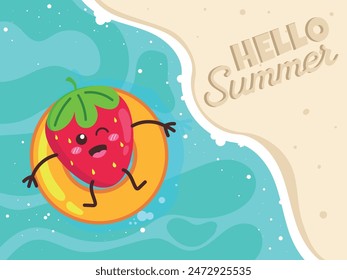 Hello Summer Strawberry Poster On The Beach With Swim Ring