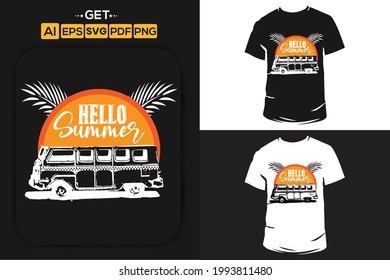 Hello Summer stylish typography t-shirt and apparel trendy design with palm trees silhouettes, sunset, colorful, print, vector illustration. Beach t shirt with grunge texture and car.