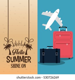 hello summer with suitcases plane poster vector illustration eps 10