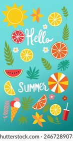 Hola verano. Postal de temática veraniega con multitud de objetos individuales, frutas, hojas, flores, sol, helado y refrescos. Dibujos animados sencillos. Ilustración vectorial