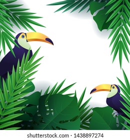 Hello summer, summertime. Background of tropical plants. Flat bird toucan. Palm leaves, jungle leaf. The poster for sale and an advertizing sign.  Vector
