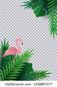 Hello summer, summertime. Background of tropical plants. Flat bird flamingo. Palm leaves, jungle leaf. The poster for sale and an advertizing sign.  Vector