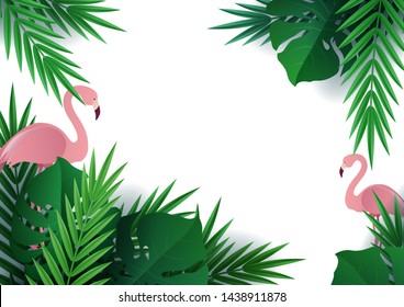 Hello summer, summertime. Background of tropical plants. Flat bird flamingo. Palm leaves, jungle leaf. The poster for sale and an advertizing sign.  Vector