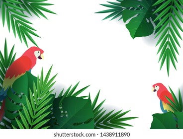 Hello summer, summertime. Background of tropical plants. Flat parrot macaw. Palm leaves, jungle leaf. The poster for sale and an advertizing sign.  Vector