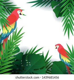 Hello summer, summertime. Background of tropical plants. Flat parrot macaw. Palm leaves, jungle leaf. The poster for sale and an advertizing sign.  Vector