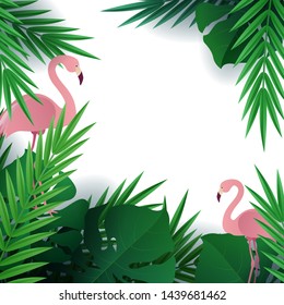 Hello summer, summertime. Background of tropical plants. Flat bird flamingo. Palm leaves, jungle leaf. The poster for sale and an advertizing sign.  Vector