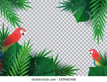Hello summer, summertime. Background of tropical plants. Flat parrot macaw. Palm leaves, jungle leaf. The poster for sale and an advertizing sign.  Vector