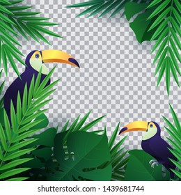 Hello summer, summertime. Background of tropical plants. Flat bird toucan. Palm leaves, jungle leaf. The poster for sale and an advertizing sign.  Vector