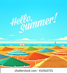 Hello, Summer! Summertime quote. Summer Holidays poster, background with sandy beach full of sun umbrellas, seashore and sunny sky. 