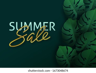 Hello summer, summertime, sale. Text poster against the background of tropical plants. Palm leaves, jungle leaf and gold lettering. The poster for sale and an advertizing sign. Vector illustration