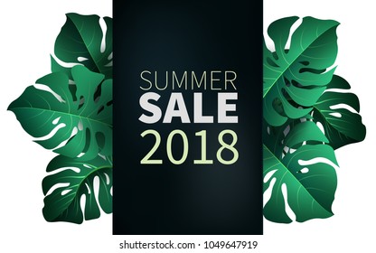 Hello summer, summertime. The text poster against the background of tropical plants. The poster for sale and an advertizing sign.  Vector Illustration.
