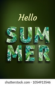 Hello summer, summertime. The text poster against the background of tropical plants. The poster for sale and an advertizing sign.  Vector Illustration.