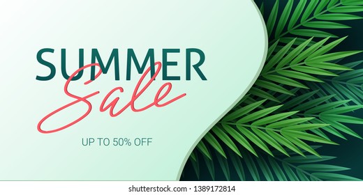 Hello summer, summertime. The text poster against the background of tropical plants. Palm leaves, jungle leaf and handwriting lettering. The poster for sale and an advertizing sign.  Vector