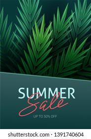 Hello summer, summertime. The text poster against the background of tropical plants. Palm leaves, jungle leaf and handwriting lettering. The poster for sale and an advertizing sign.  Vector