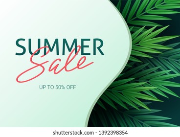 Hello summer, summertime. The text poster against the background of tropical plants. Palm leaves, jungle leaf and handwriting lettering. The poster for sale and an advertizing sign.  Vector
