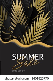 Hello summer, summertime. The text poster against the background of  gold tropical plants. Palm leaves, jungle leaf and handwriting lettering. The poster for sale and an advertizing sign.  Vector