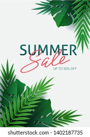 Hello summer, summertime. The text poster against the background of tropical plants. Palm leaves, jungle leaf and handwriting lettering. The poster for sale and an advertizing sign.  Vector