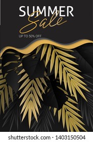 Hello summer, summertime. The text poster against the background of  gold tropical plants. Palm leaves, jungle leaf and handwriting lettering. The poster for sale and an advertizing sign.  Vector