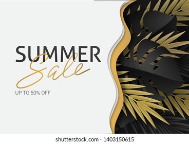 Hello summer, summertime. The text poster against the background of  gold tropical plants. Palm leaves, jungle leaf and handwriting lettering. The poster for sale and an advertizing sign.  Vector