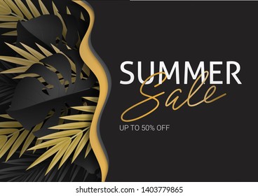Hello summer, summertime. The text poster against the background of  gold tropical plants. Palm leaves, jungle leaf and handwriting lettering. The poster for sale and an advertizing sign.  Vector