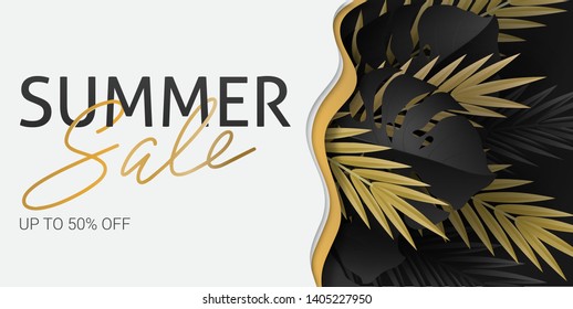 Hello summer, summertime. The text poster against the background of  gold tropical plants. Palm leaves, jungle leaf and handwriting lettering. The poster for sale and an advertizing sign.  Vector