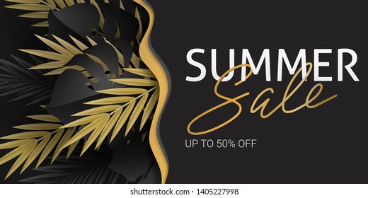 Hello summer, summertime. The text poster against the background of  gold tropical plants. Palm leaves, jungle leaf and handwriting lettering. The poster for sale and an advertizing sign.  Vector