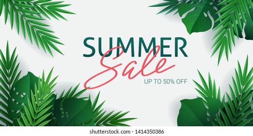 Hello summer, summertime. The text poster against the background of  gold tropical plants. Palm leaves, jungle leaf and handwriting lettering. The poster for sale and an advertizing sign.  Vector