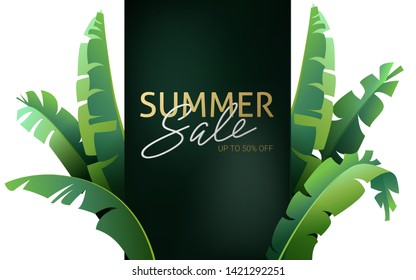 Hello summer, summertime. The text poster against the background of tropical plants. The poster for sale and an advertizing sign.  Vector Illustration.