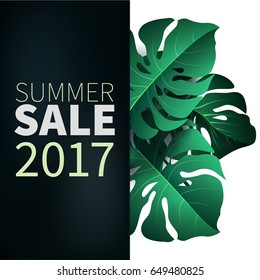 Hello summer, summertime. The text poster against the background of tropical plants. The poster for sale and an advertizing sign.  Vector Illustration.