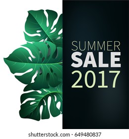 Hello summer, summertime. The text poster against the background of tropical plants. The poster for sale and an advertizing sign.  Vector Illustration.