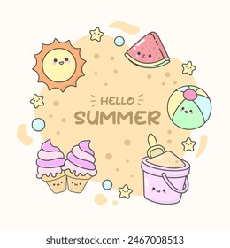 hello summer sun beach ice cream watermelon with cute facial expressions and pastel colour