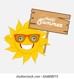 hello summer sun cartoon character wear sunglasses and bring wood banner