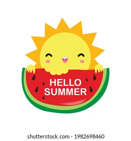 Hello Summer, sun holding a watermelon on have a fun summer time, Lounge time at the seaside. Summer vacation in flat cartoon isolated on white background vector illustration