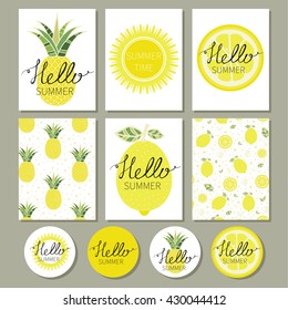 Hello summer.  Sun. Love. Calligraphy. Lettering. Cute romantic vector cards, posters, stickers with fruits. 