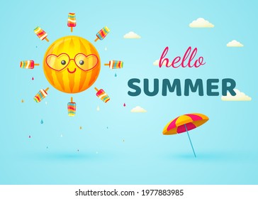 Hello summer. Sun with rays of ice cream, beach umbrella on a blue background with clouds. Vector illustration.